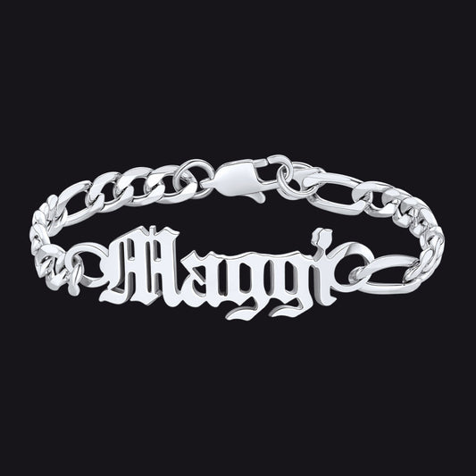 Engraved Name 6mm Figaro Link Chain Bracelet Gift for