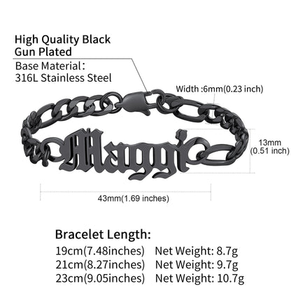 Engraved Name 6mm Figaro Link Chain Bracelet Gift for