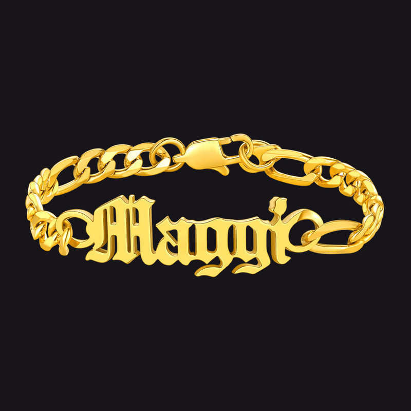Engraved Name 6mm Figaro Link Chain Bracelet Gift for