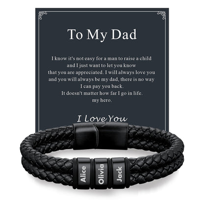 Personalized Braided Leather Bracelet With Engraved Name Beaded for