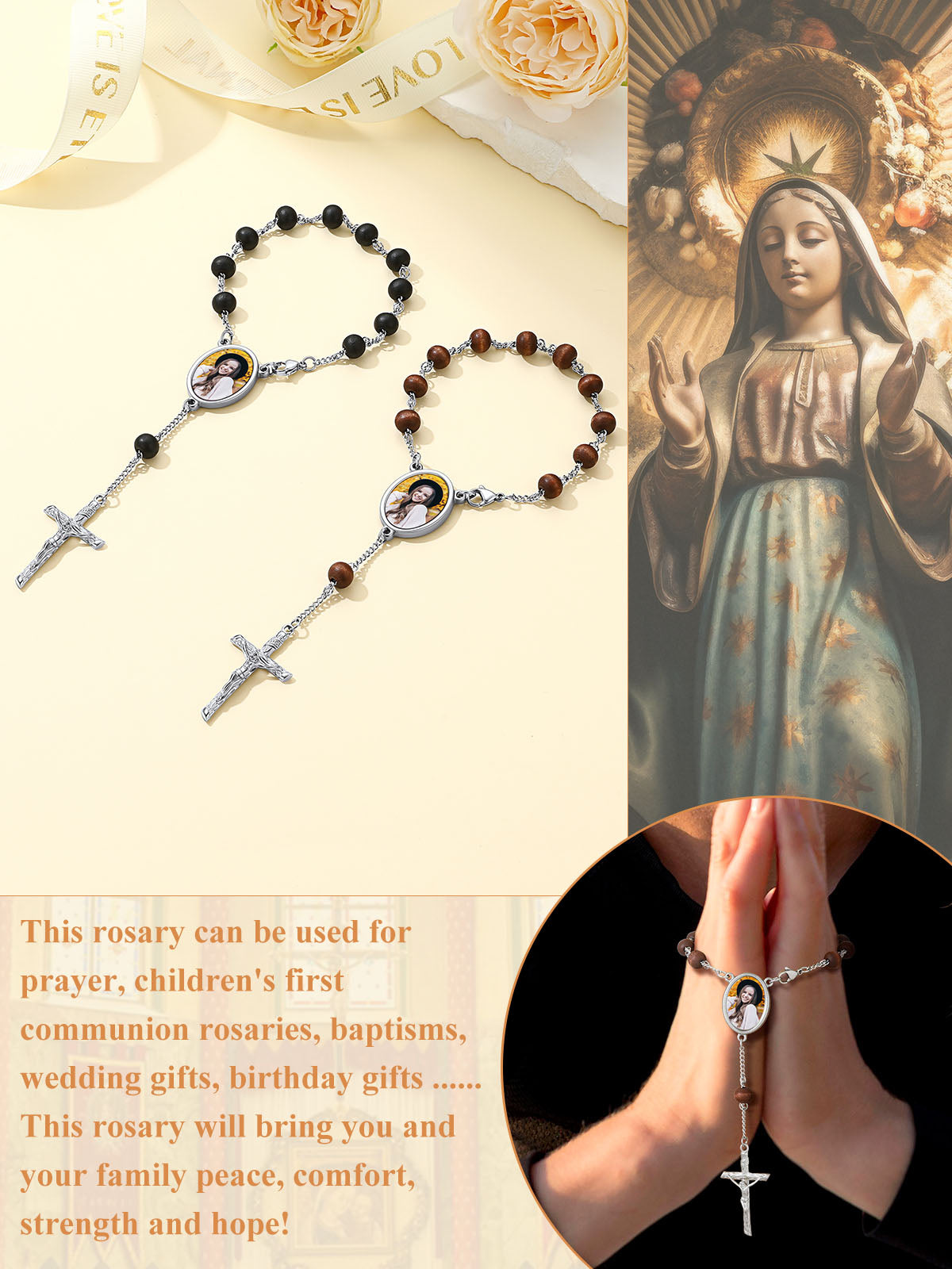 Personalized Picture Rosary Beads Cross Bracelets for