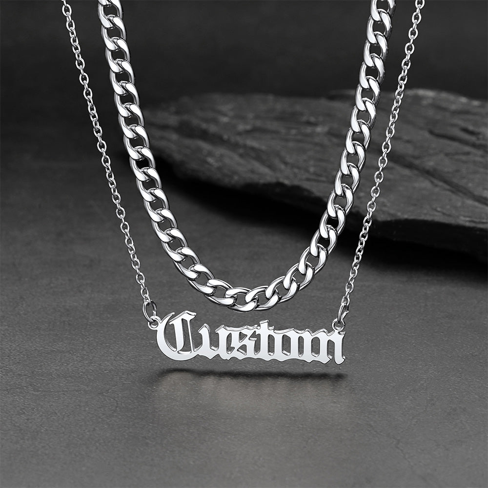 Cuban Chain & Personalized Name Layered Necklaces Set for