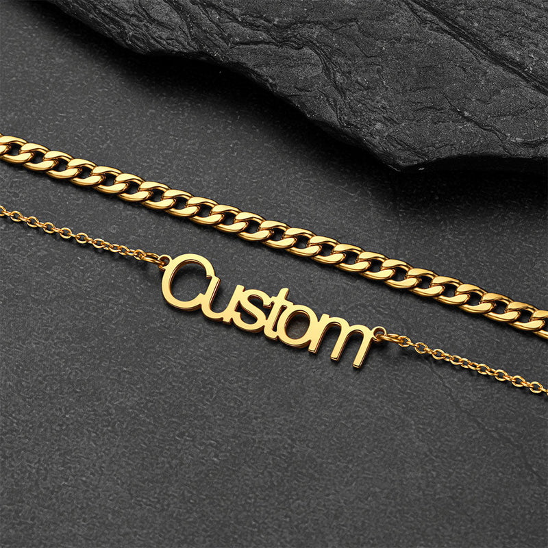 Cuban Chain & Personalized Name Layered Necklaces Set for