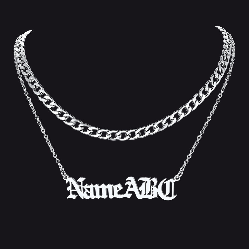 Cuban Chain & Personalized Name Layered Necklaces Set for
