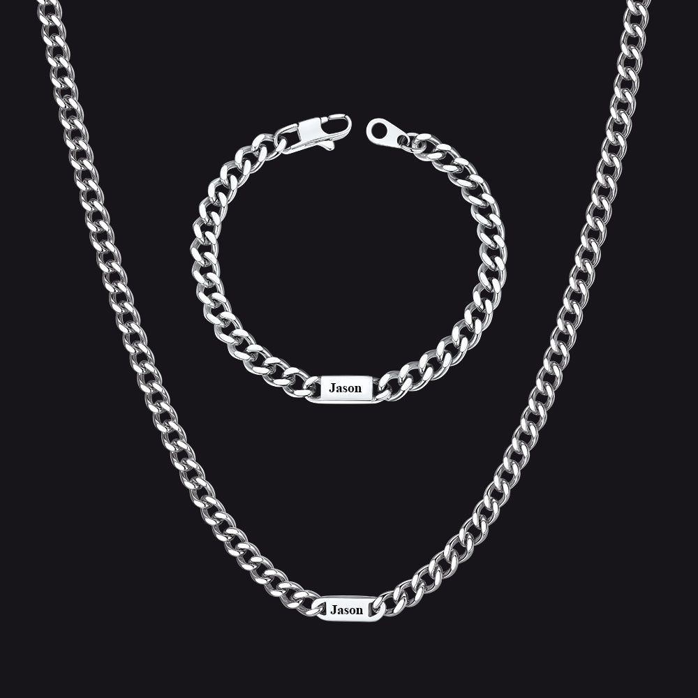 5/7mm Engraved Name Cuban Chain & Bracelet Gift Set for