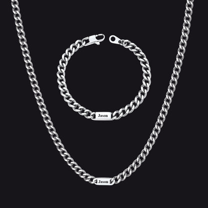 5/7mm Engraved Name Cuban Chain & Bracelet Gift Set for