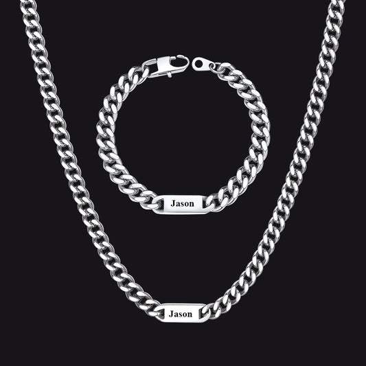 5/7mm Engraved Name Cuban Chain & Bracelet Gift Set for