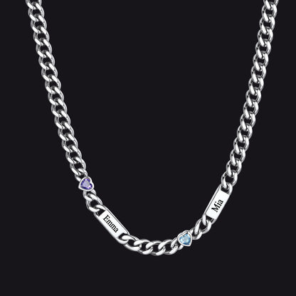 Personalized Name Cuban Chain Necklace With Heart Birthstone for Mom