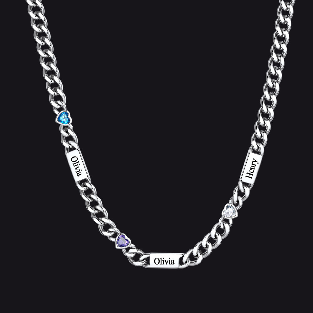 Personalized Name Cuban Chain Necklace With Heart Birthstone for Mom