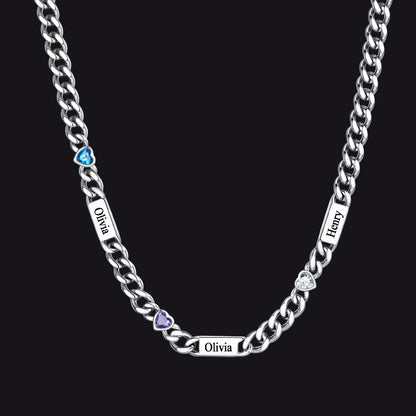Personalized Name Cuban Chain Necklace With Heart Birthstone for Mom