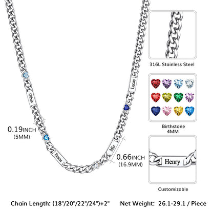 Personalized Name Cuban Chain Necklace With Heart Birthstone for Mom