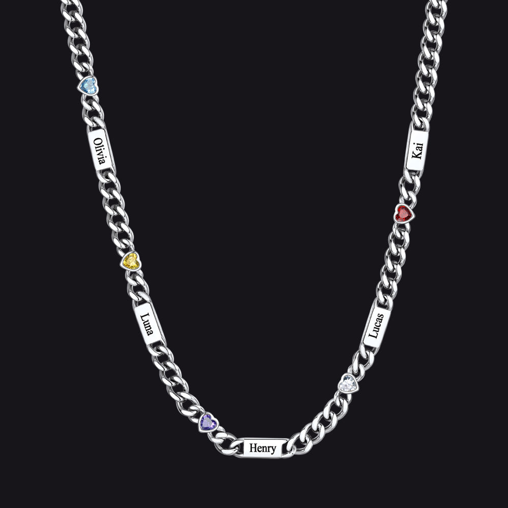 Personalized Name Cuban Chain Necklace With Heart Birthstone for Mom