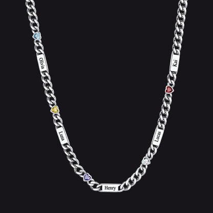 Personalized Name Cuban Chain Necklace With Heart Birthstone for Mom
