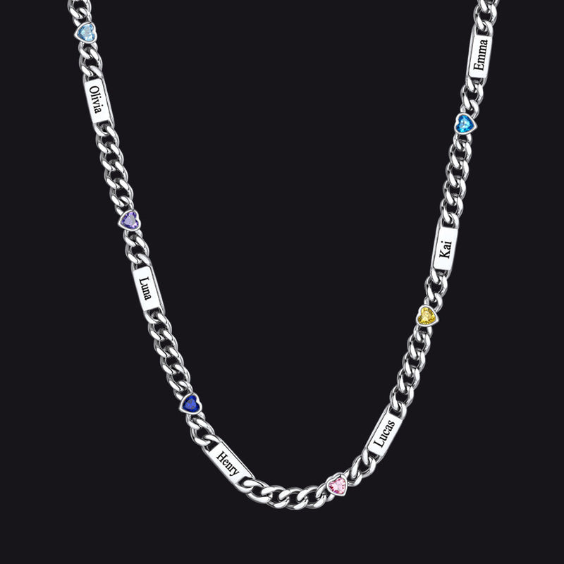 Personalized Name Cuban Chain Necklace With Heart Birthstone for Mom