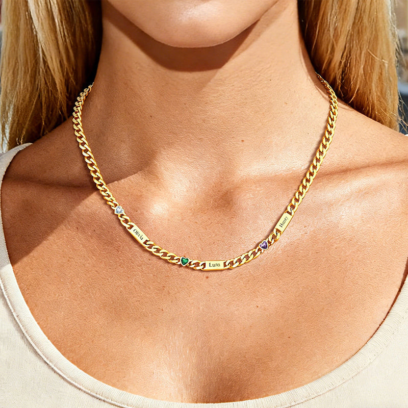 Personalized Name Cuban Chain Necklace With Heart Birthstone for Mom