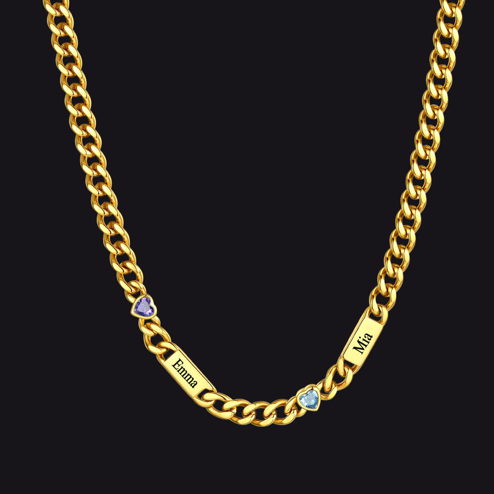 Personalized Name Cuban Chain Necklace With Heart Birthstone for Mom