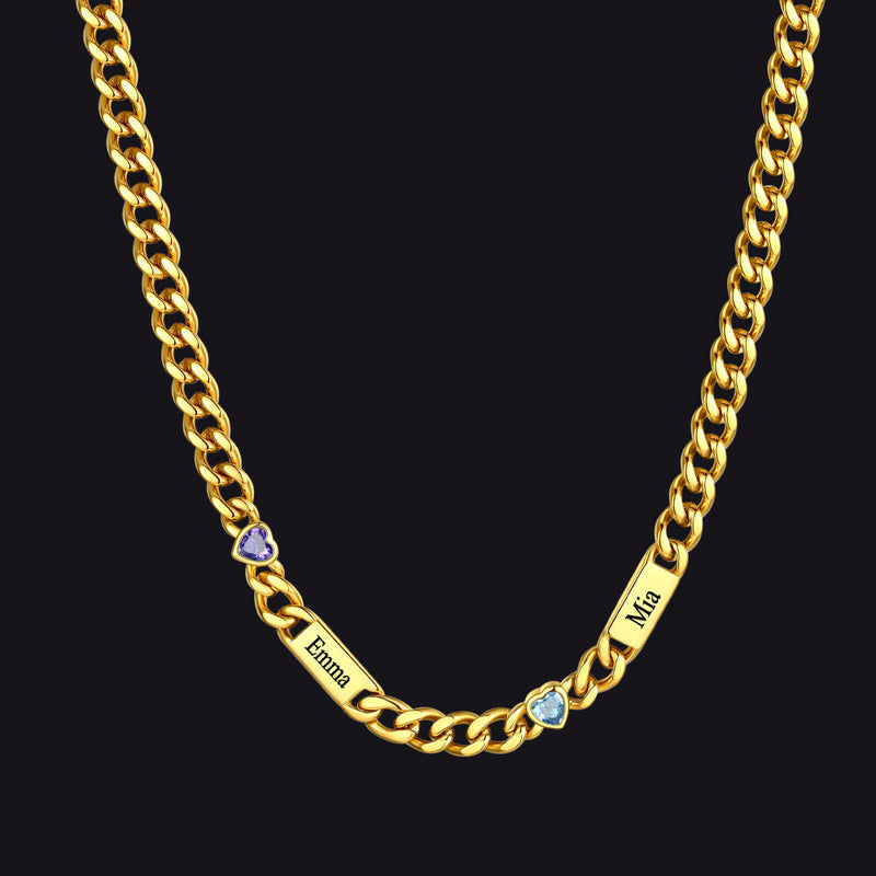 Personalized Name Cuban Chain Necklace With Heart Birthstone for Mom