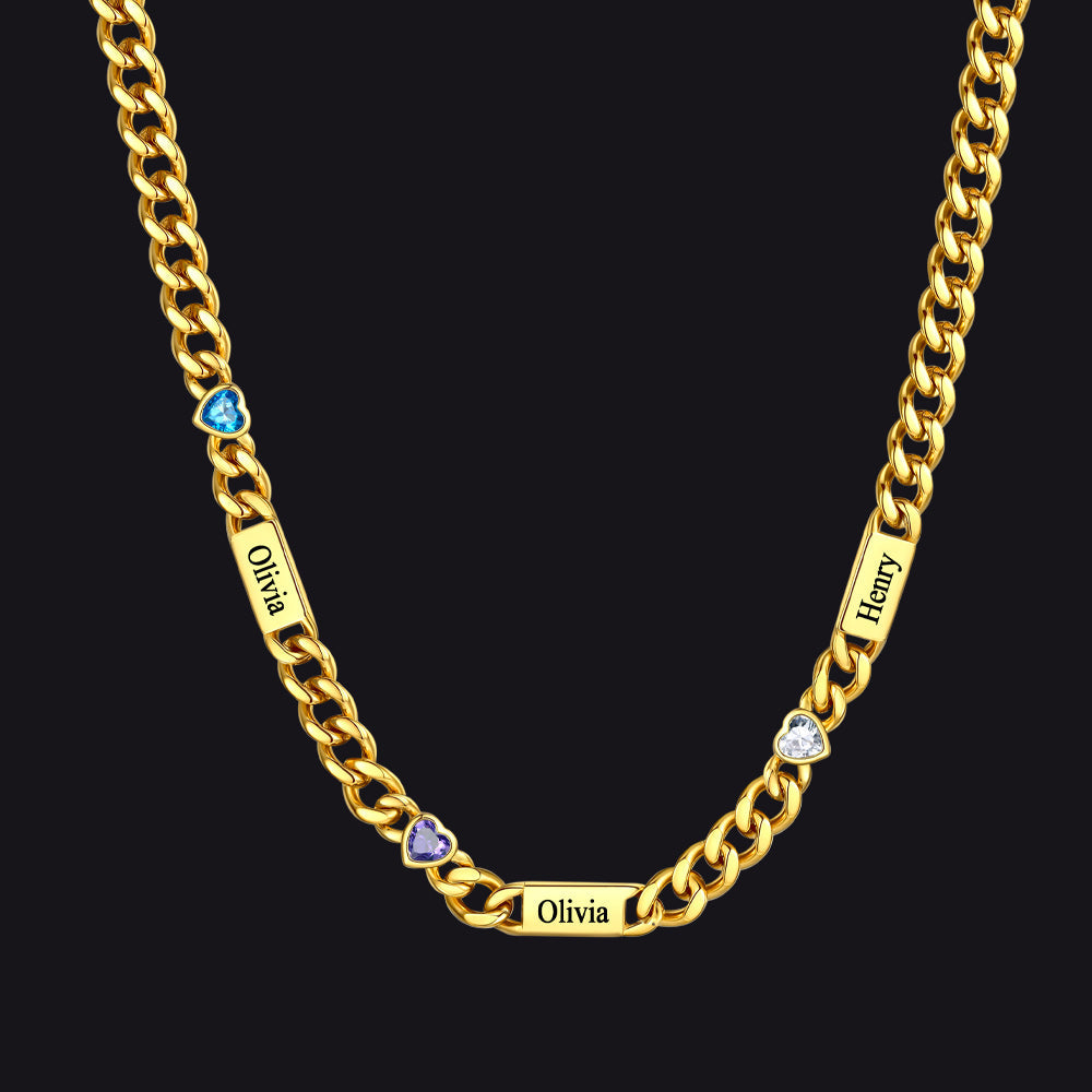 Personalized Name Cuban Chain Necklace With Heart Birthstone for Mom