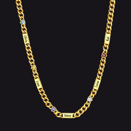 Personalized Name Cuban Chain Necklace With Heart Birthstone for Mom