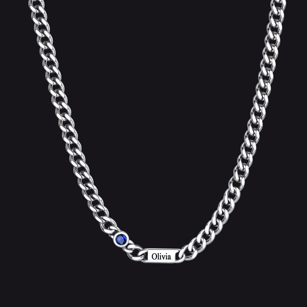 Customized Engraved Name Birthstone Cuban Chain Necklace for
