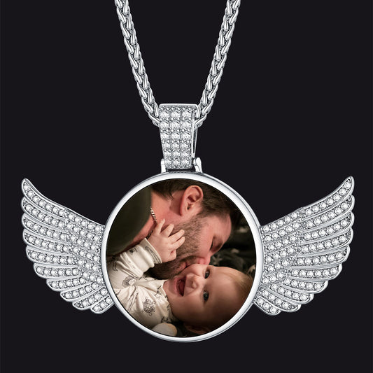 Sterling Silver Customized Memorial Picture Circle Chain Necklace With Angel Wing for