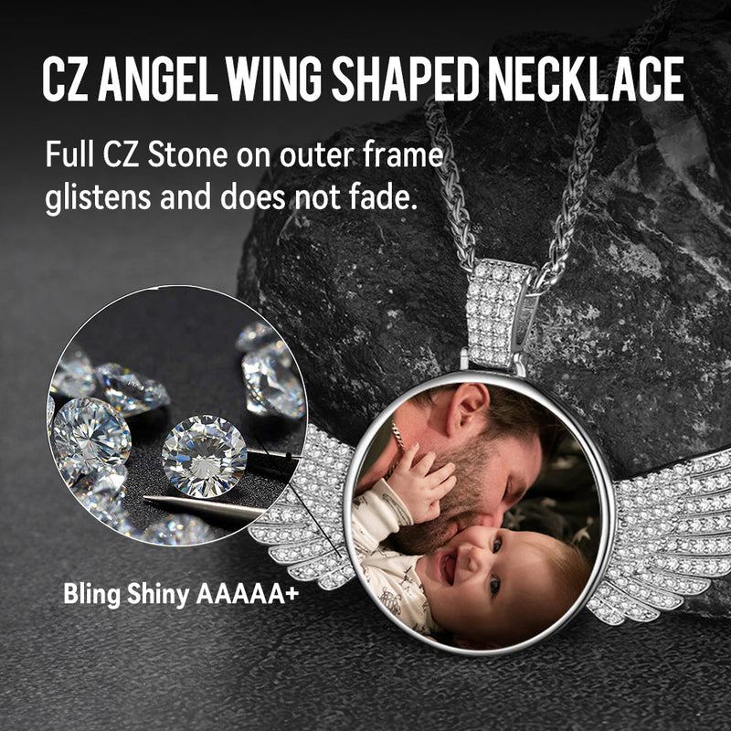 Sterling Silver Customized Memorial Picture Circle Chain Necklace With Angel Wing for
