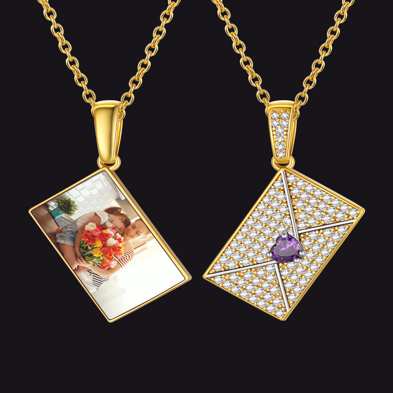 Personalized Picture Envelope Necklace With Birthstone & Cz Gifts for Mom