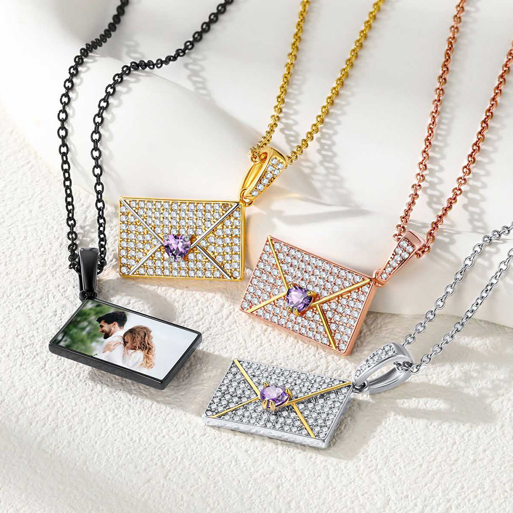 Personalized Picture Envelope Necklace With Birthstone & Cz Gifts for Mom