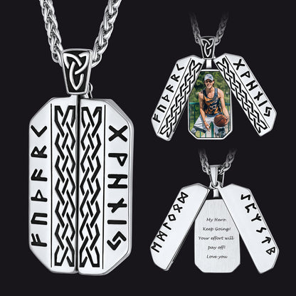 Personalized Picture Locket Dog Tag Necklace With Viking Rune for