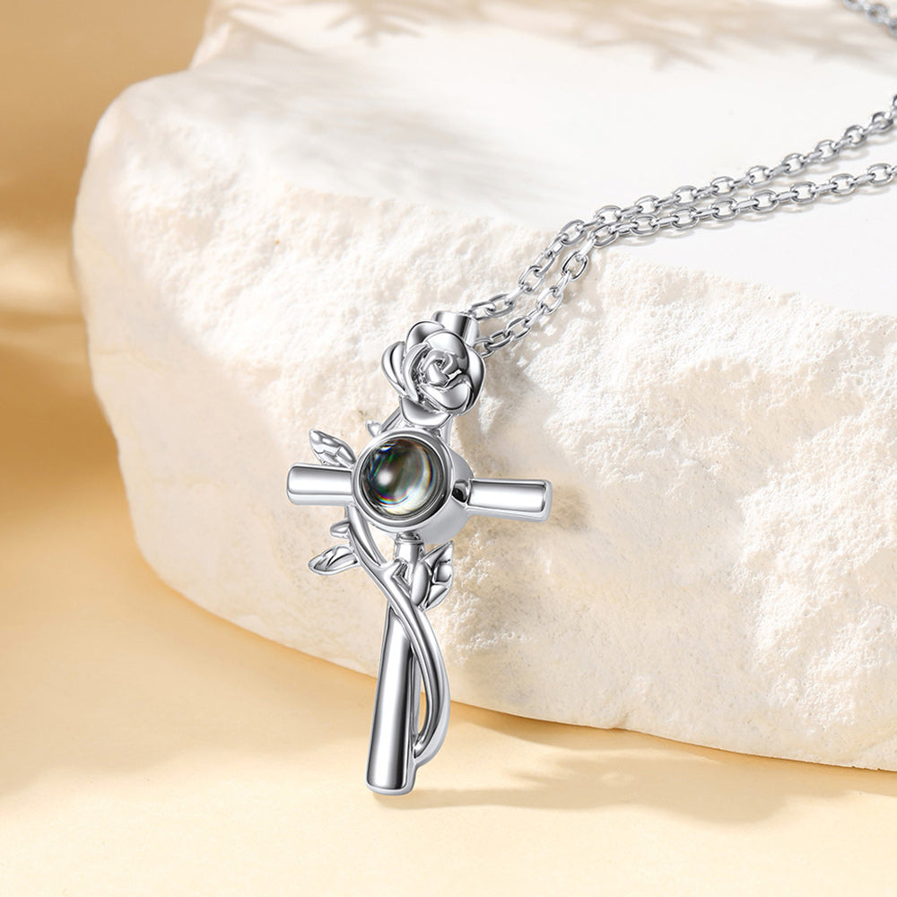 Personalized Projection Picture Cross Necklace With Rose for Mom