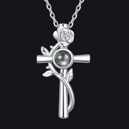 Personalized Projection Picture Cross Necklace With Rose for Mom