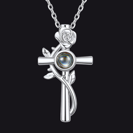Personalized Projection Picture Cross Necklace With Rose for Mom