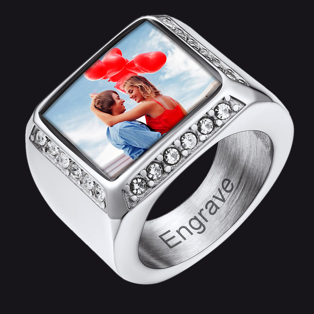 Personalized Photo Name Square Signet Ring Gift for