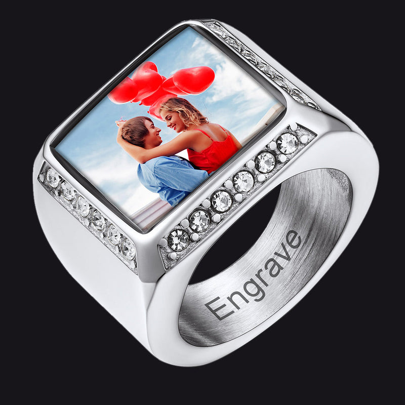 Personalized Photo Name Square Signet Ring Gift for