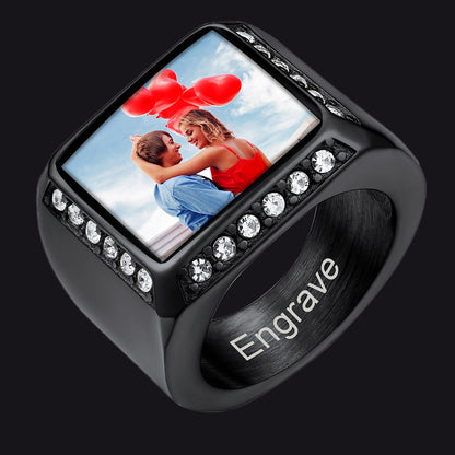 Personalized Photo Name Square Signet Ring Gift for