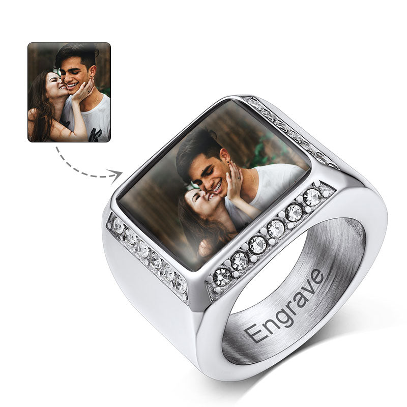 Personalized Photo Name Square Signet Ring Gift for