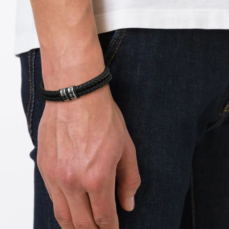 Personalized Braided Leather Bracelet With Engraved Name Beaded for