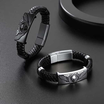 Black Braided Leather Bracelet Cuff With Skull Wing for Son