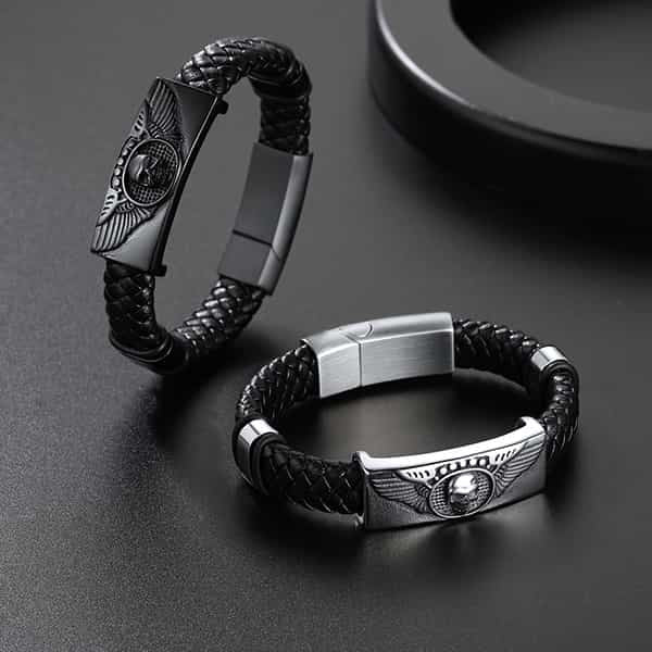 Black Braided Leather Bracelet Cuff With Skull Wing for Son