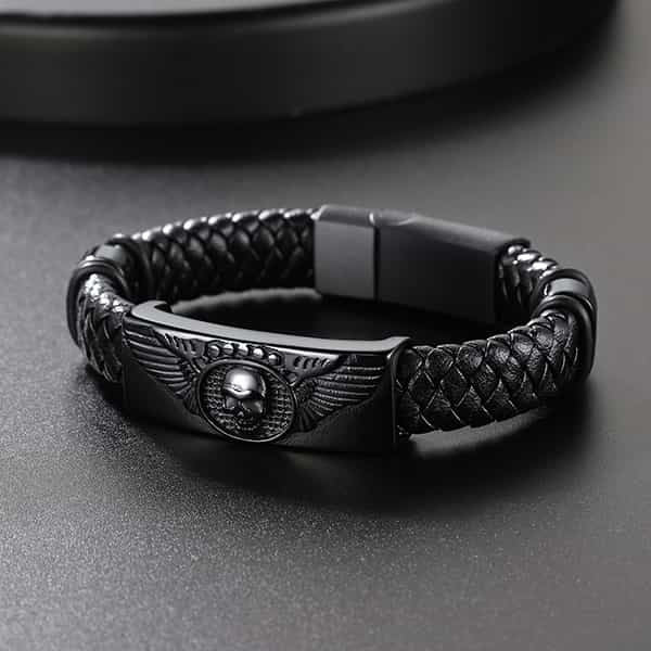 Black Braided Leather Bracelet Cuff With Skull Wing for Son