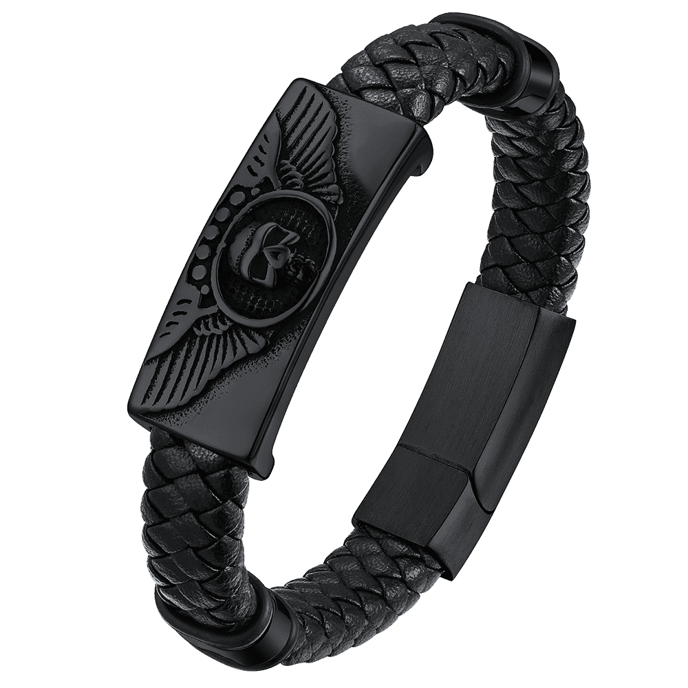 Black Braided Leather Bracelet Cuff With Skull Wing for Son