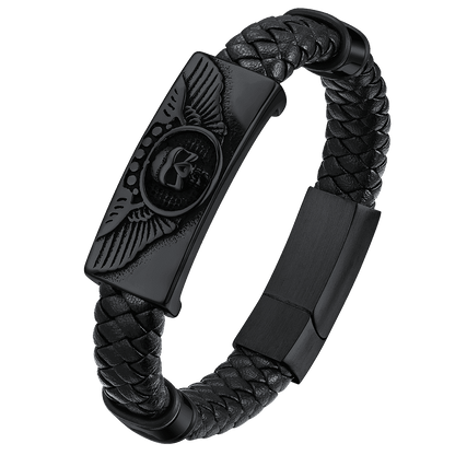 Black Braided Leather Bracelet Cuff With Skull Wing for Son