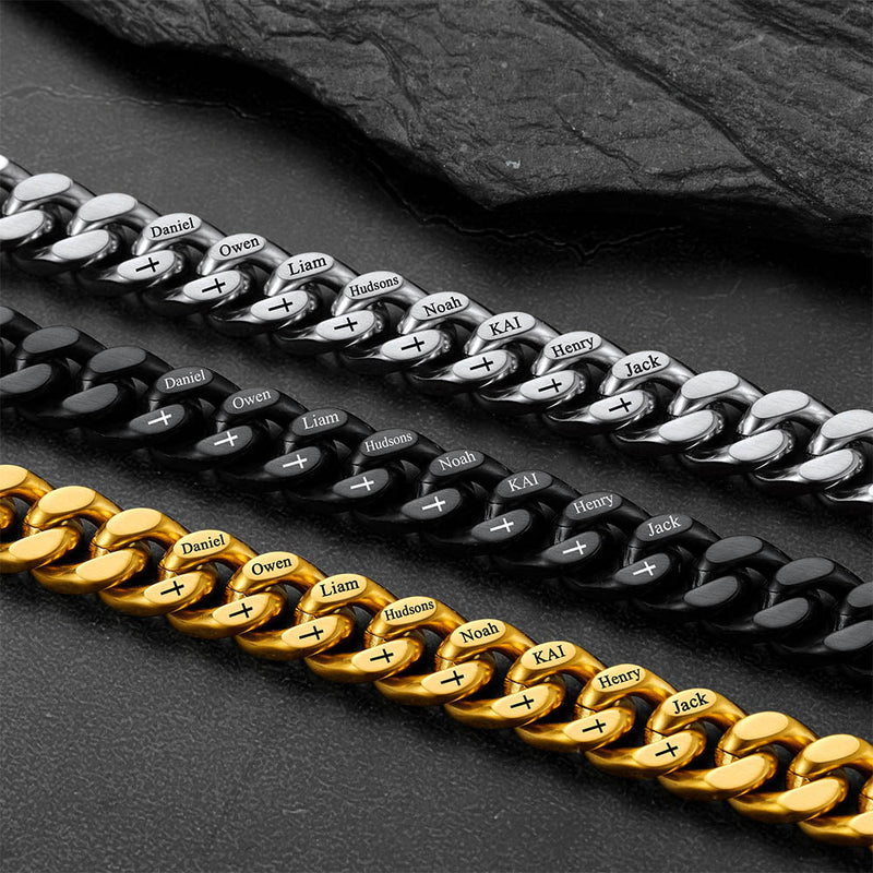 Personalized Multi Names Cuban Chain Bracelet With Cross Gift for Him , 12mm Width