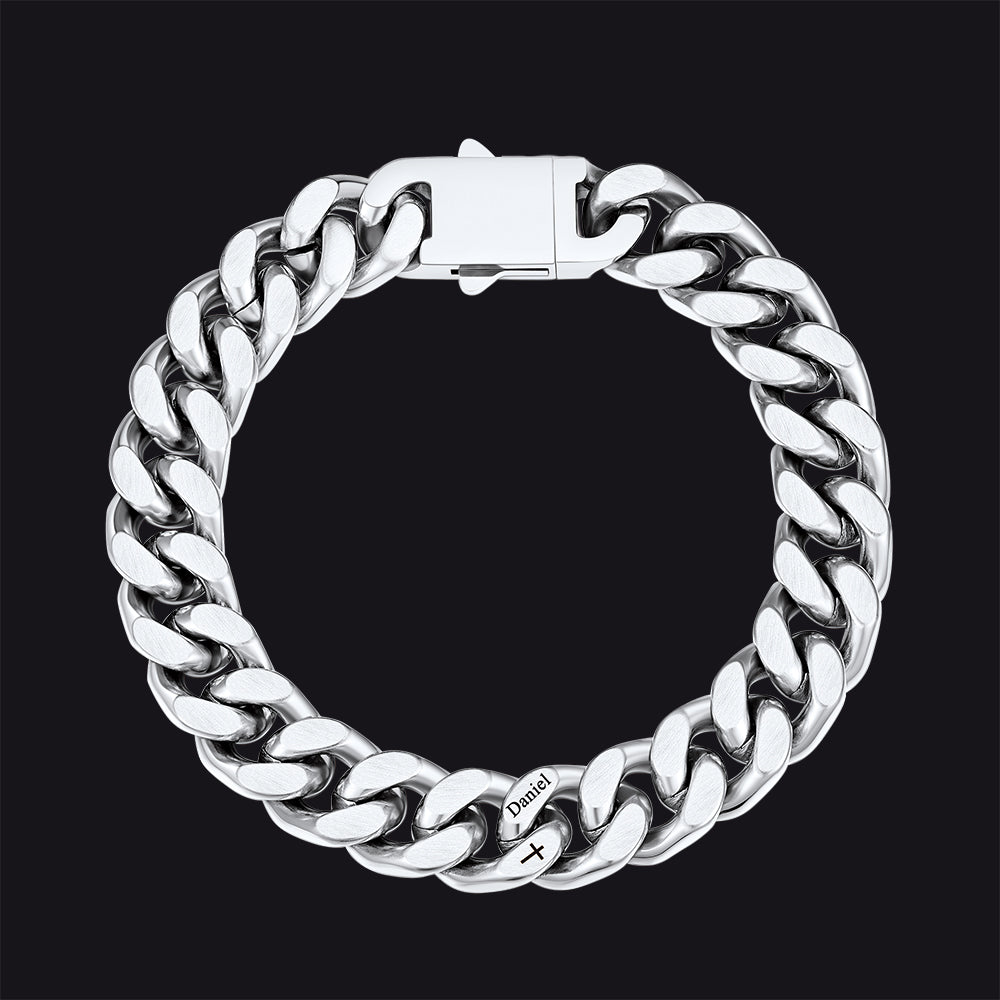 Personalized Multi Names Cuban Chain Bracelet With Cross Gift for Him , 12mm Width