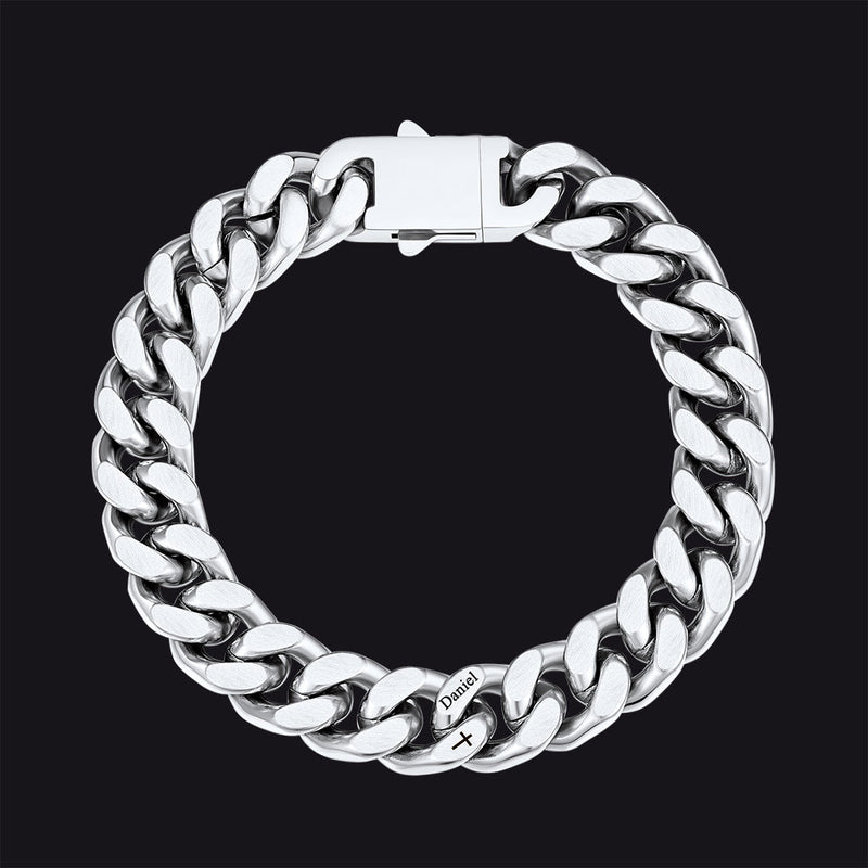 Personalized Multi Names Cuban Chain Bracelet With Cross Gift for Him , 12mm Width