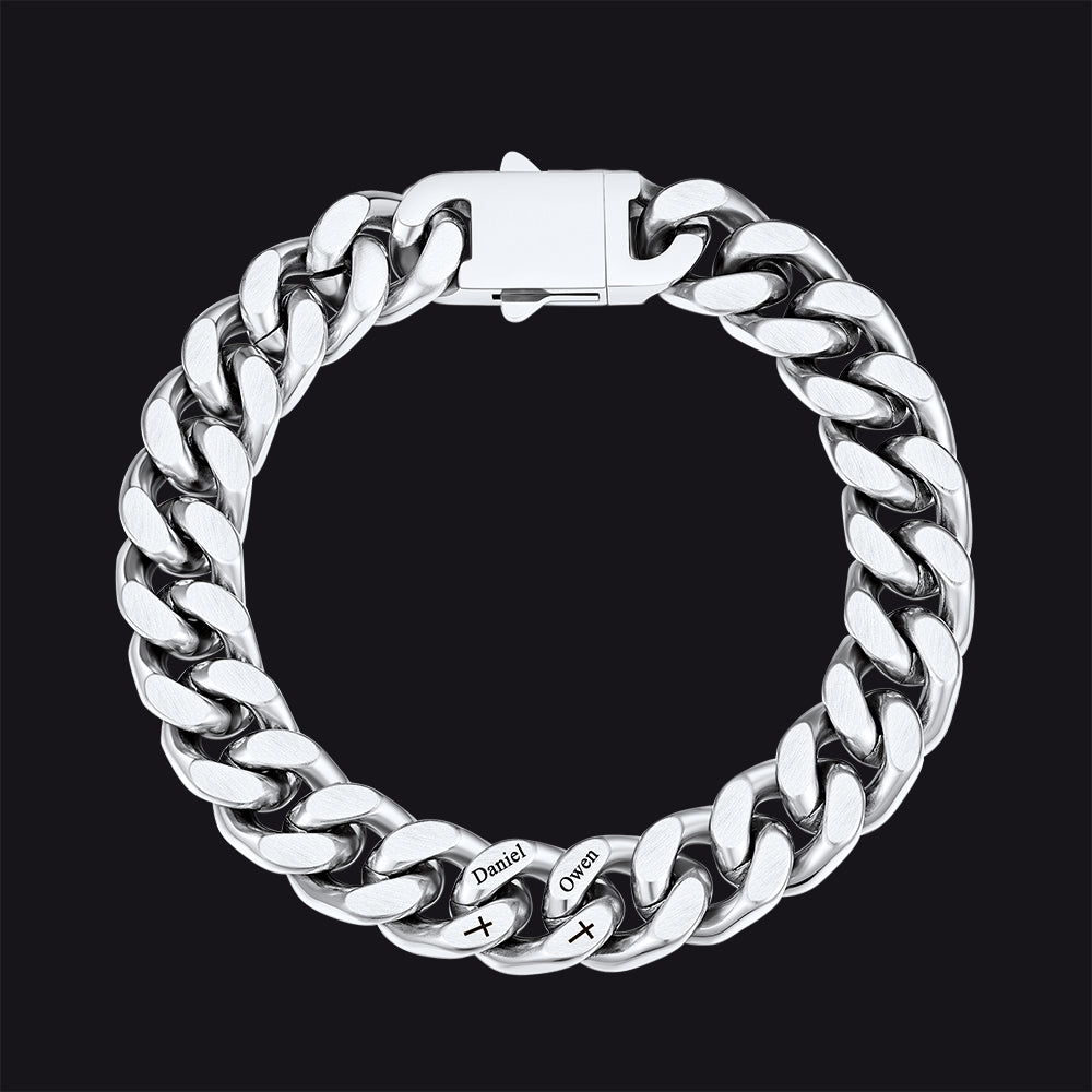 Personalized Multi Names Cuban Chain Bracelet With Cross Gift for Him , 12mm Width