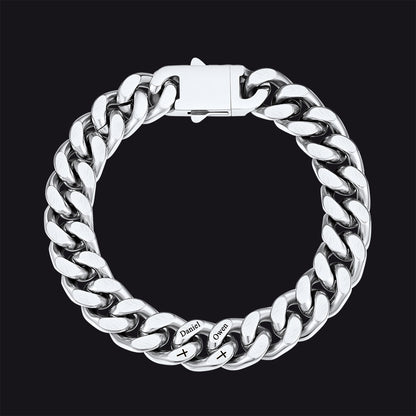 Personalized Multi Names Cuban Chain Bracelet With Cross Gift for Him , 12mm Width