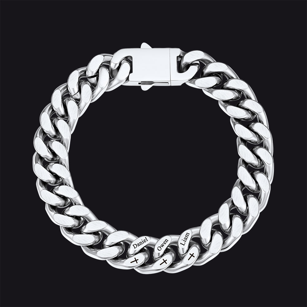 Personalized Multi Names Cuban Chain Bracelet With Cross Gift for Him , 12mm Width