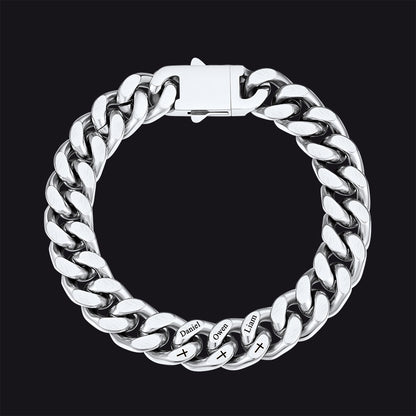 Personalized Multi Names Cuban Chain Bracelet With Cross Gift for Him , 12mm Width