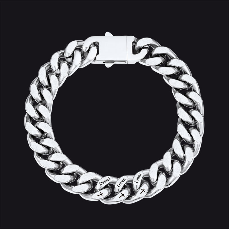 Personalized Multi Names Cuban Chain Bracelet With Cross Gift for Him , 12mm Width